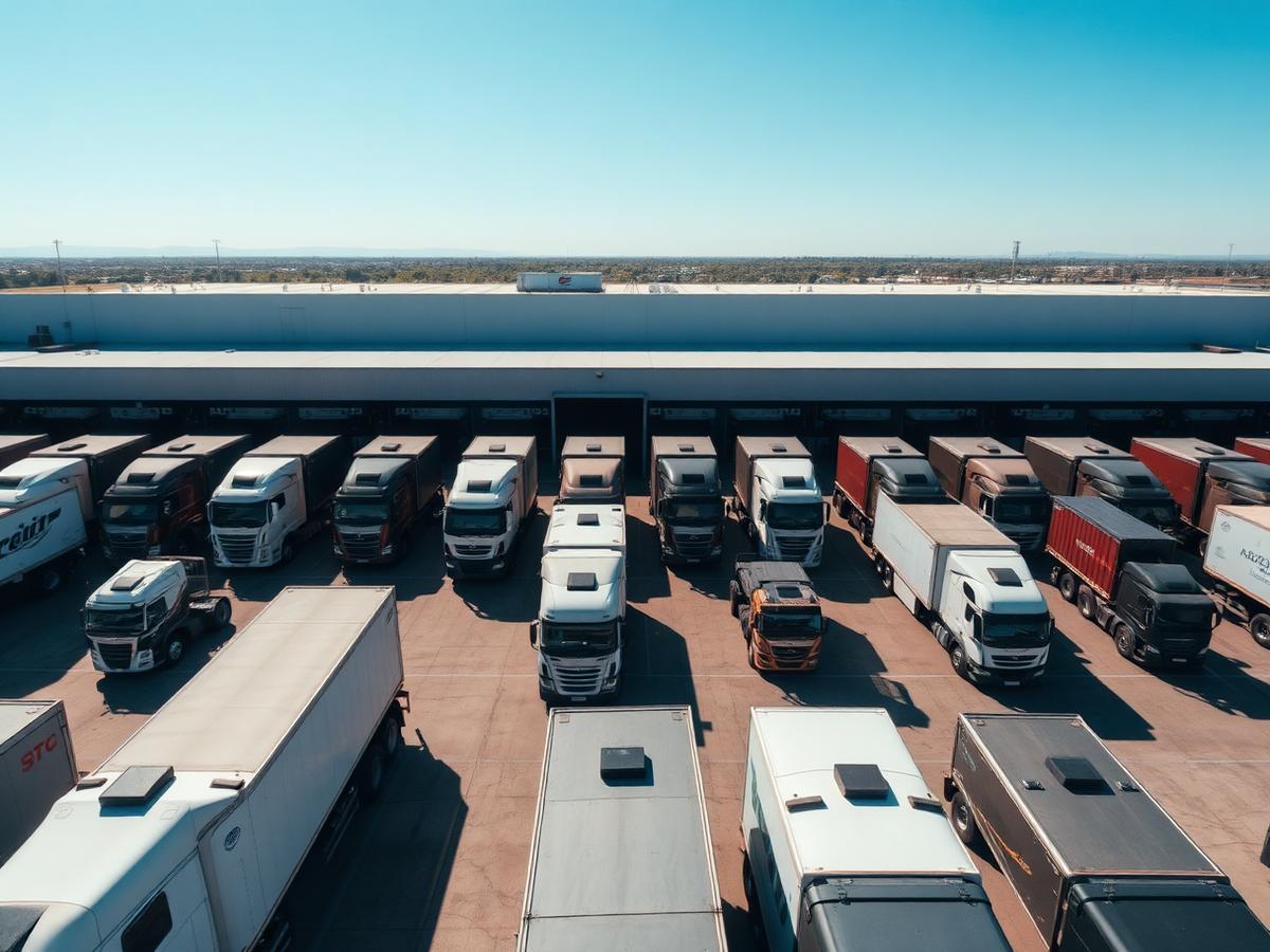 Fleet of commercial trucks at logistics yard