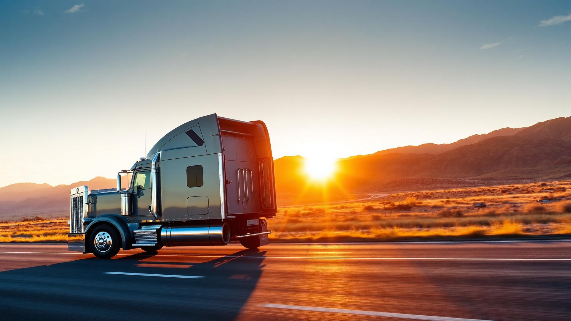 Semi truck on open highway at sunset